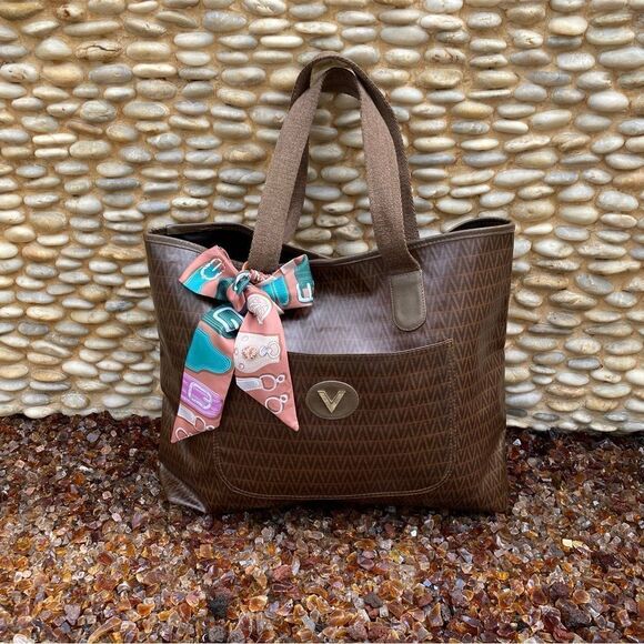 Mario Valentino Brown Signature Print Tote/Shoulder Bag PVC x Leather. VGUC! - Picture 1 of 15